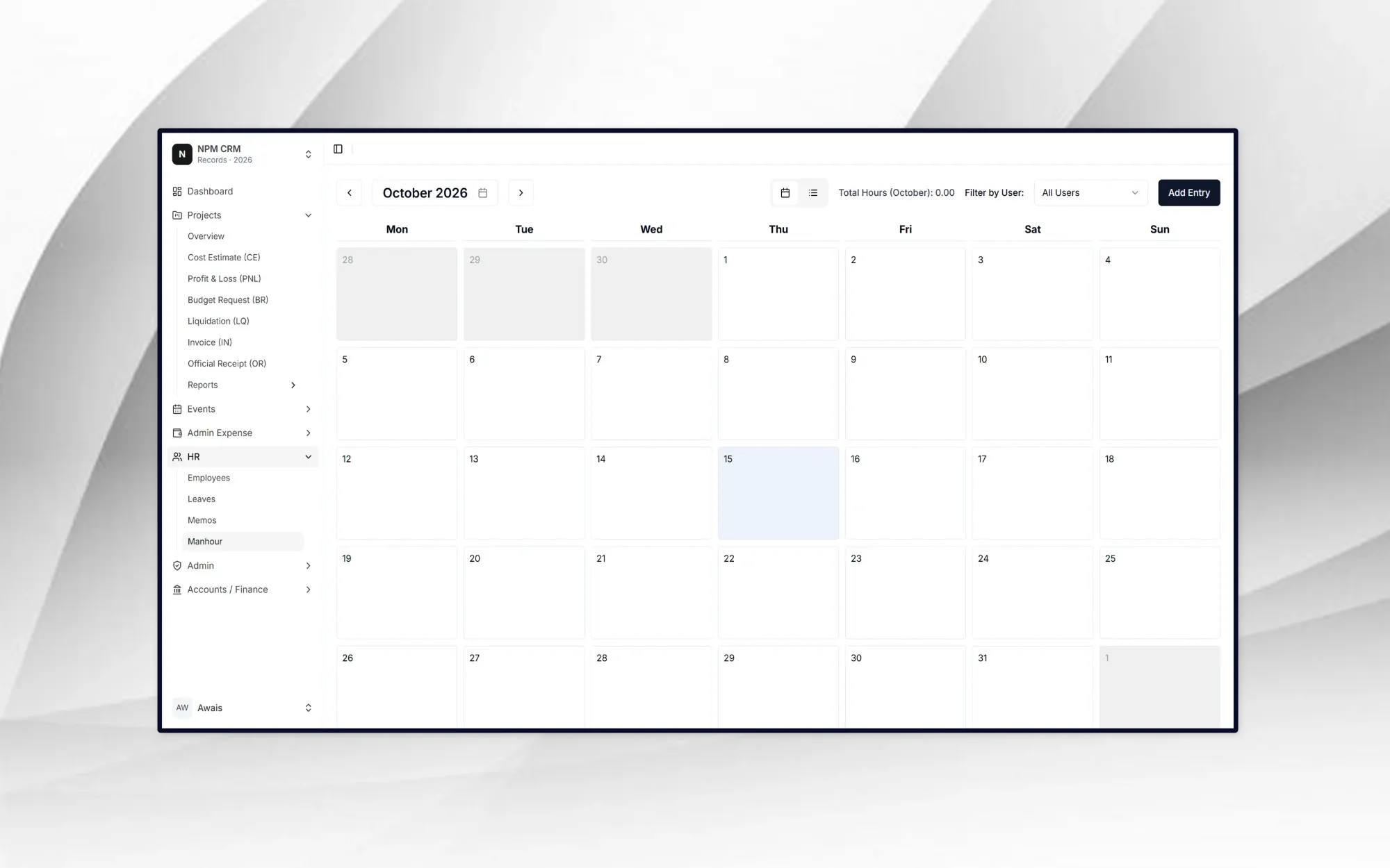 Custom CRM dashboard: HR manhour calendar for October 2026 beside a sidebar of project, finance and HR modules