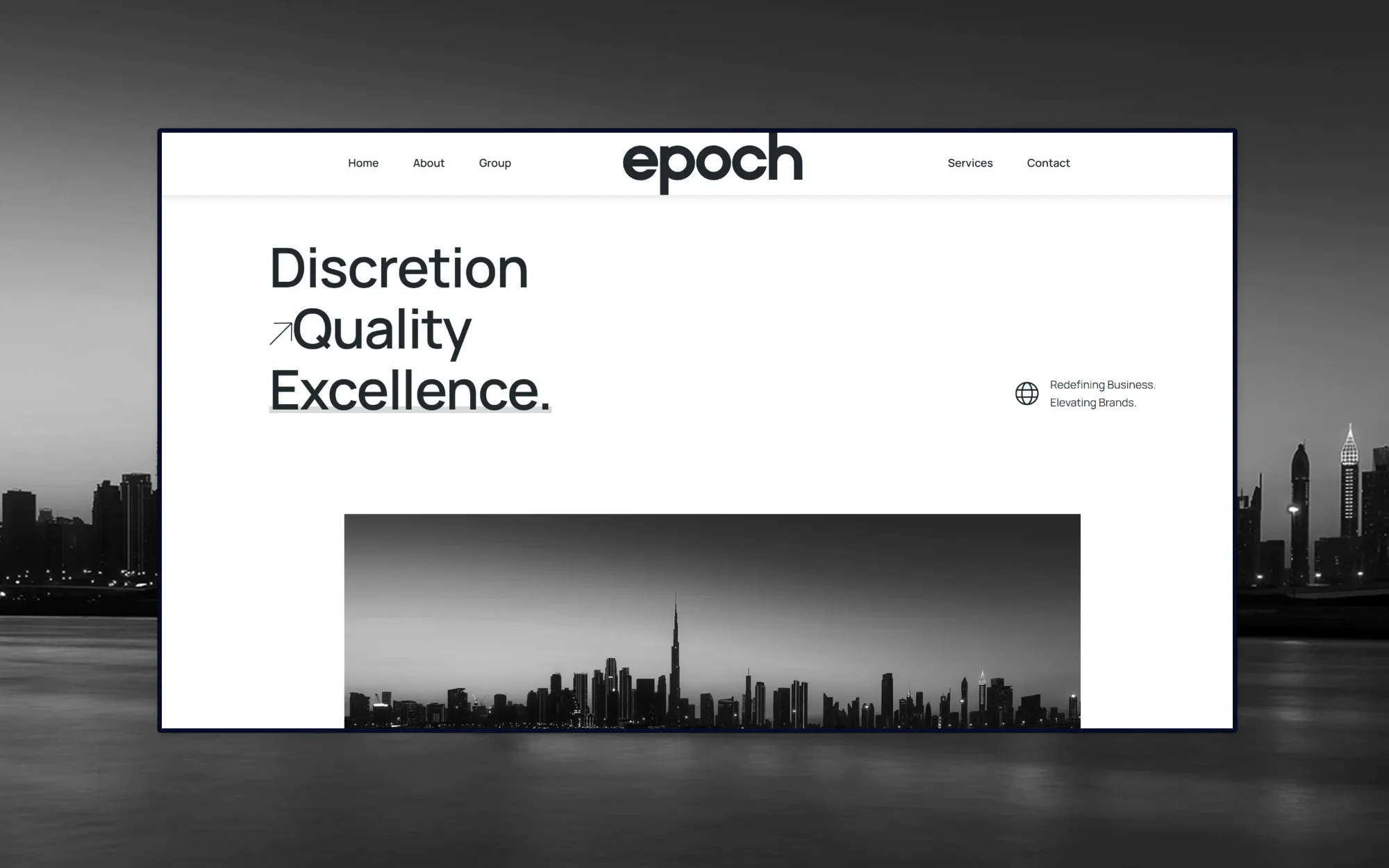 Epoch homepage: 'Discretion, Quality, Excellence.' headline beside the tagline 'Redefining Business. Elevating Brands.' above a black-and-white city skyline