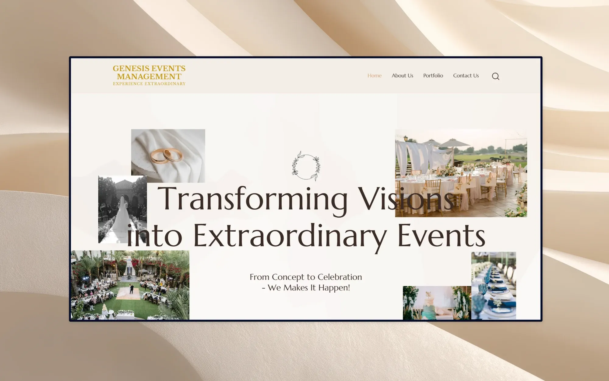 Genesis Events Management homepage: headline 'Transforming Visions into Extraordinary Events' surrounded by a collage of wedding and event photos