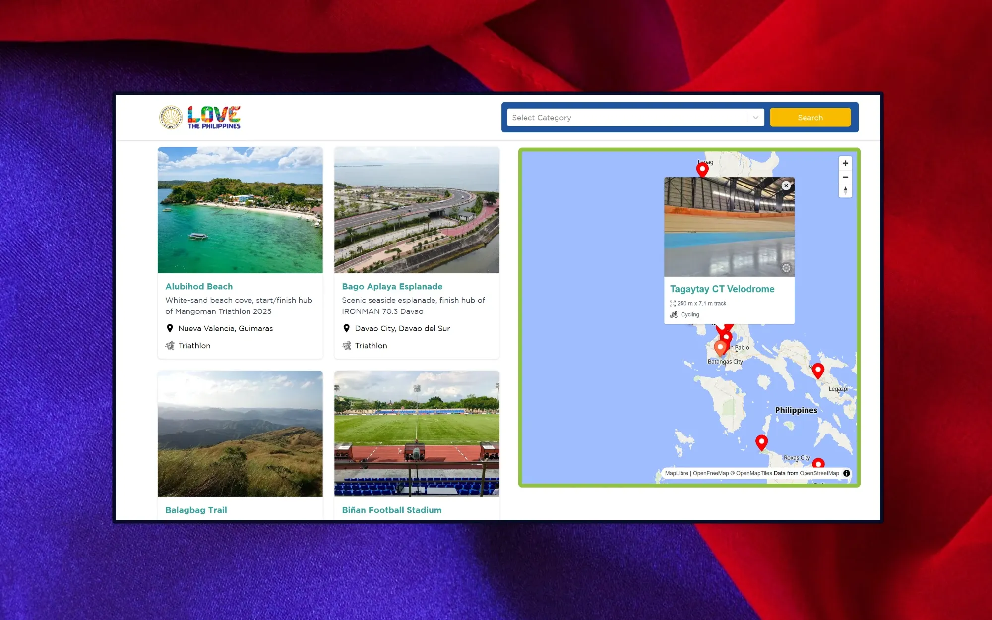 Sports Venue Directory: venue cards for Alubihod Beach, Bago Aplaya Esplanade, Balagbag Trail and Biñan Football Stadium beside an OpenStreetMap map of the Philippines with venue pins