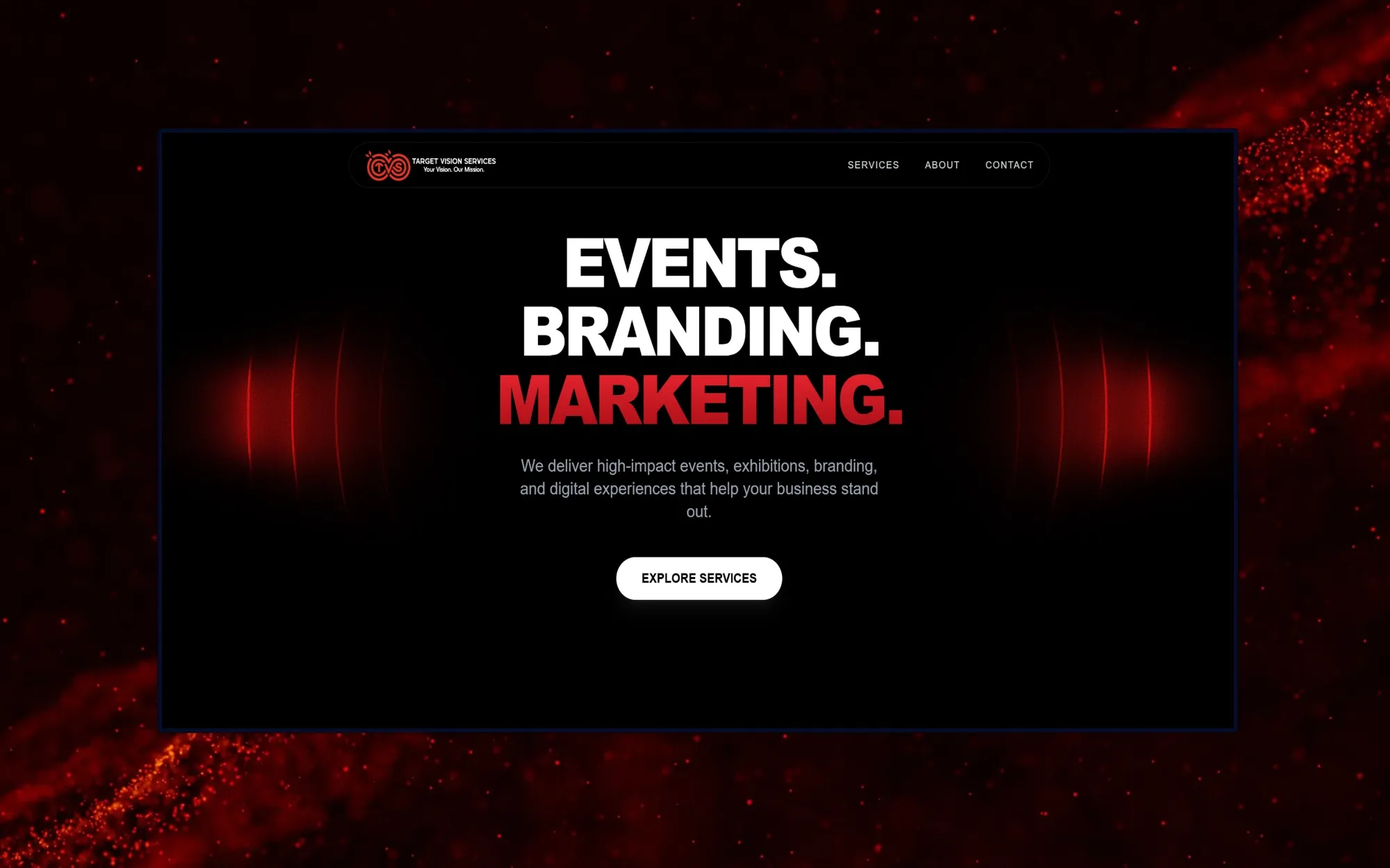 Target Vision Services homepage: black hero with the headline 'Events. Branding. Marketing.', the last word in red, framed by glowing red rings and an Explore Services button