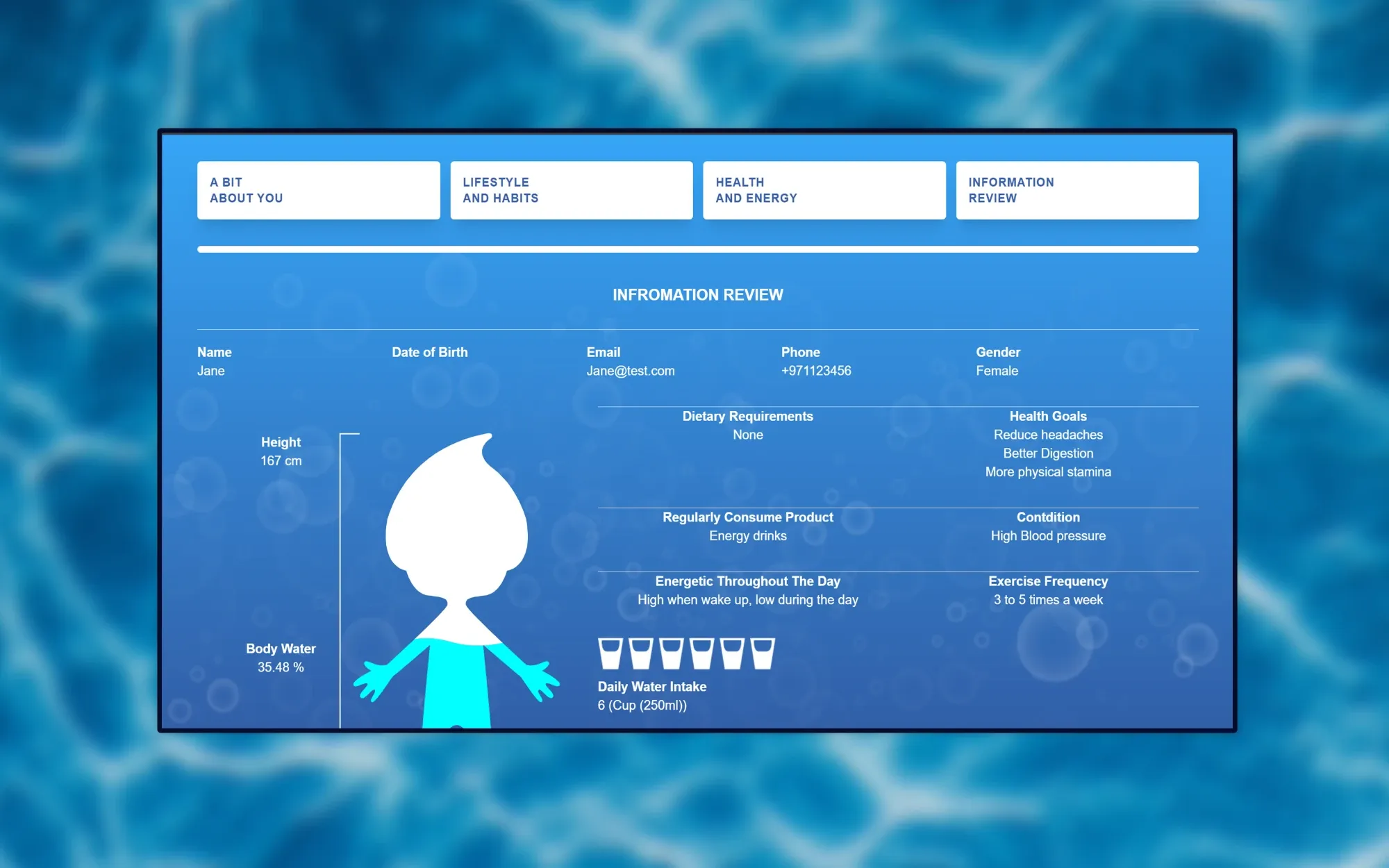 Water intake calculator review step: a four-step progress bar above the visitor's answers, a body-water figure illustration and a daily intake of six cups